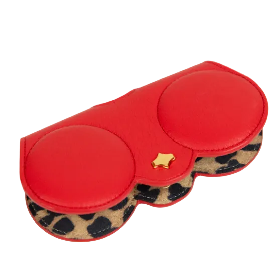 Red sunglasses case with leopard print bottom half on a white background