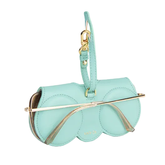 Mint green eyewear case with gold accents on a white background