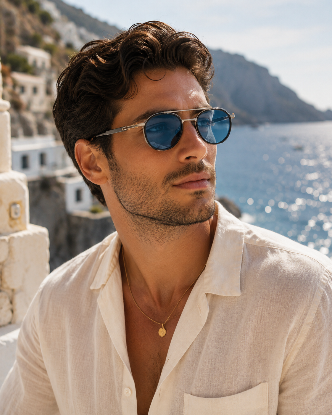 black man wearing gray sunglasses looking up into a blue sky