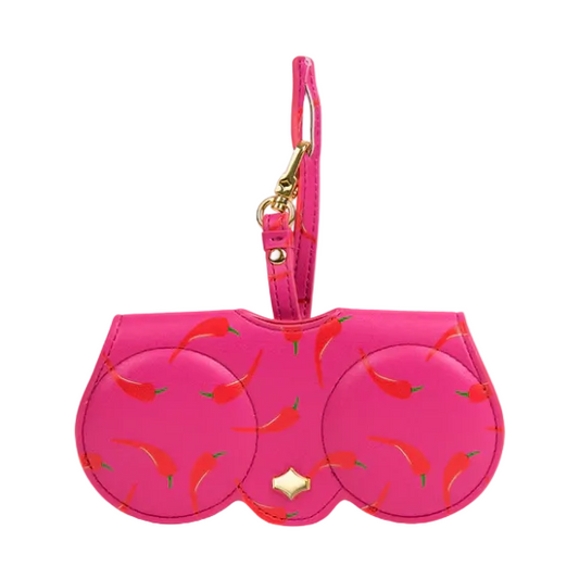 Pink eyewear case with chili pepper design and gold accents on a white background