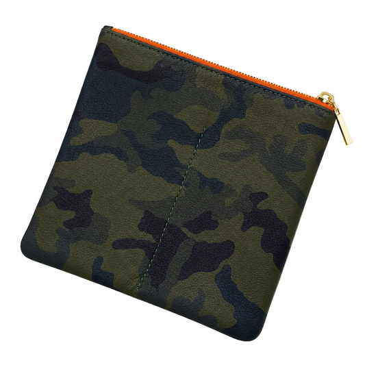 A small zippered pouch with an olive green and black camouflage pattern, featuring a bright orange zipper track and a gold-tone metal pull tab, shown on a plain white background.