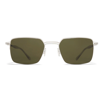 Sunglasses with green lenses and silver frame on a white background