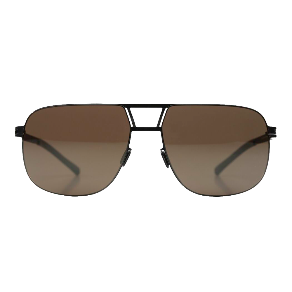 Sunglasses with a black frame and brown lenses on a white background
