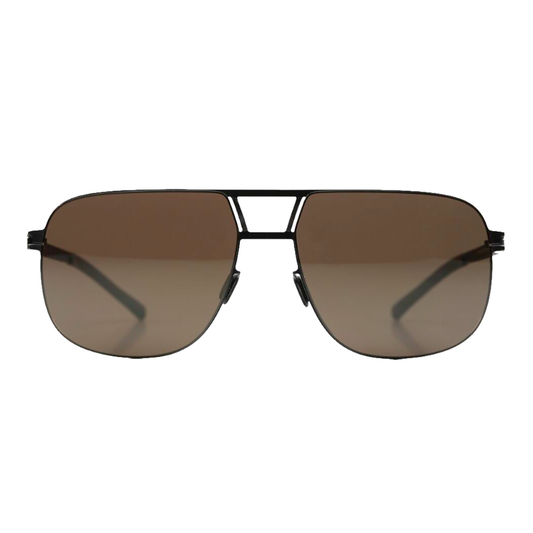 Sunglasses with a black frame and brown lenses on a white background