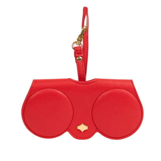 Red eyewear with a strap on a white background