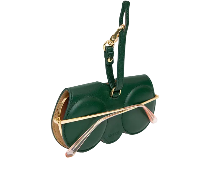 Green sunglasses case with gold accents on a white background